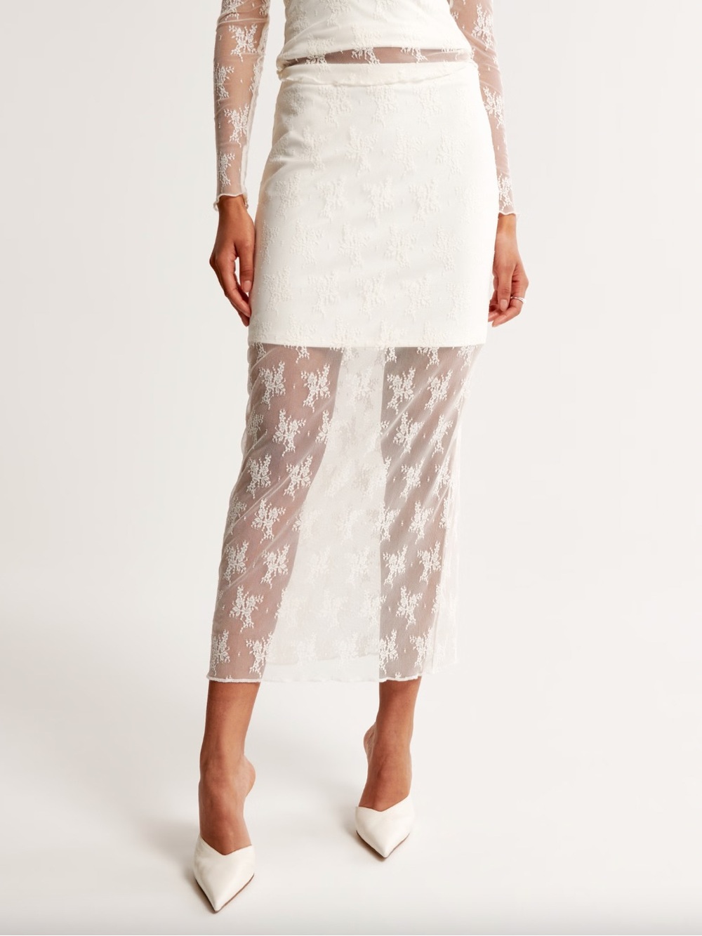 Abercrombie & Fitch White Lace Midi Skirt XS Sheer Embroidered Bridal Coquette - Picture 4 of 11